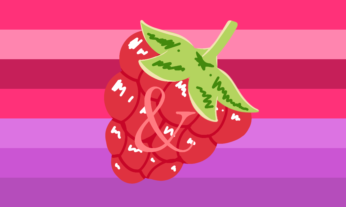 A flag with 7 stripes: the top four are various shades of red raspberry colors, not in a gradient. The bottom three are various shades of purple, going from light in the middle to darker at the bottom. In the middle is a drawing of a raspberry with an ampersand (&) in the middle.